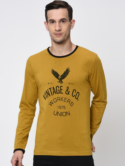 

Rigo Men Mustard Yellow Printed Round Neck Slim Fit T-shirt