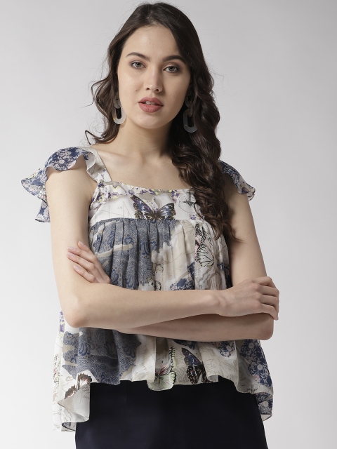 

MISH Women Navy Blue & Off-White Printed A-Line Pure Cotton Top