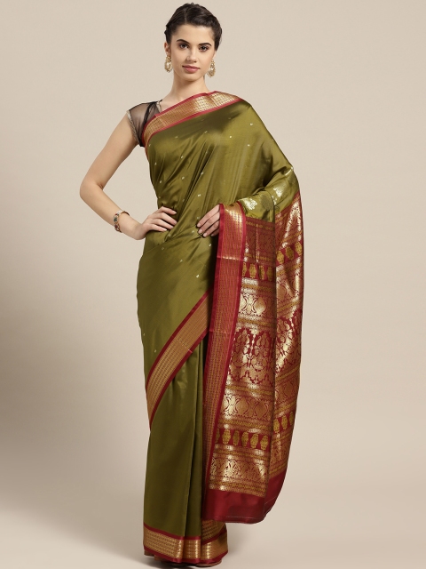

Ishin Olive Green & Maroon Woven Design Mysore Silk Saree