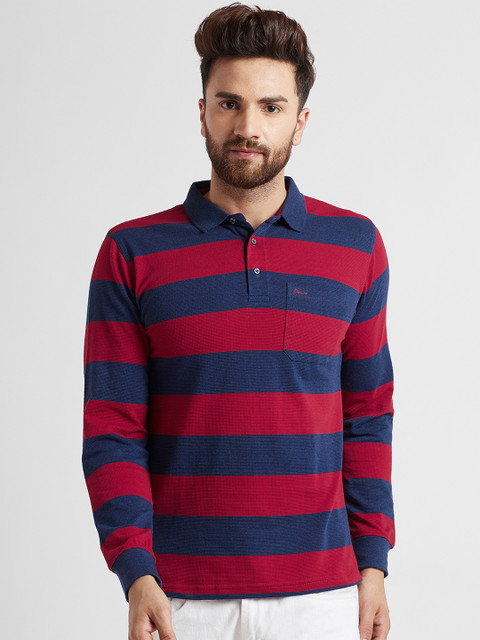 

Okane Men Red Striped Polo Collar T-shirt