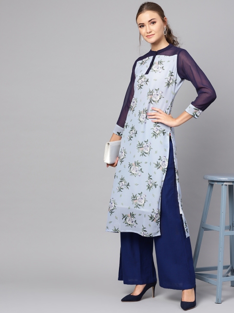 

Ives Women Blue Floral Print Straight Kurta