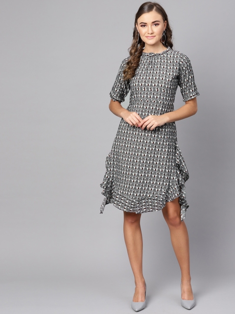 

Ives Women Grey & Off-White Printed A-Line Dress
