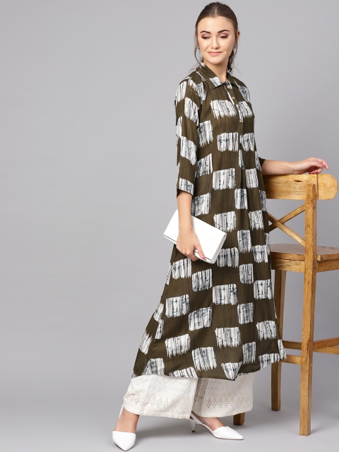 

Ives Women Olive Green & White Printed A-Line Kurta