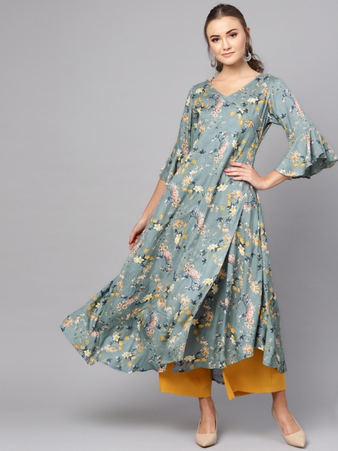 

Ives Women Green & Yellow Floral Print A-Line Angrakha Kurta