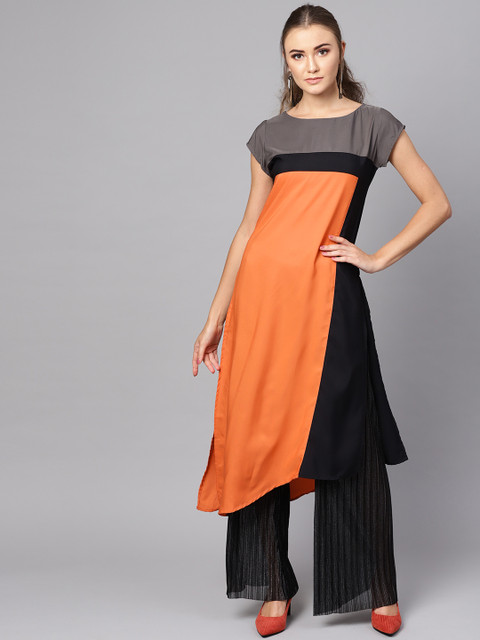 

Ives Women Orange & Grey Colourblocked Asymmetric Straight Kurta
