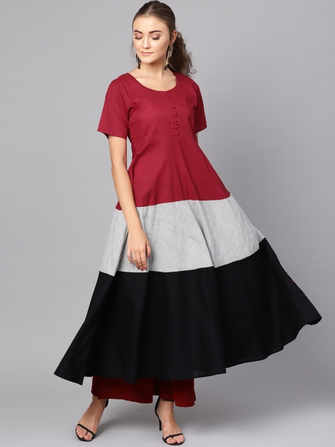 

Ives Women Maroon & Black Colourblocked A-Line Kurta