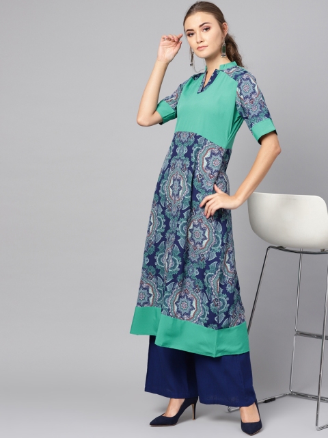 

Ives Women Navy Blue & Green Printed A-Line Kurta