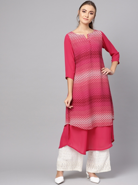 

Ives Women Pink & White Printed Layered A-Line Kurta