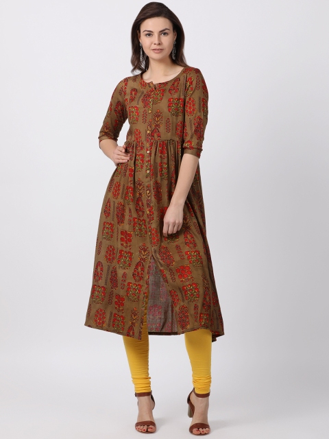 

Alena Women Olive Green & Maroon Printed A-Line Kurta