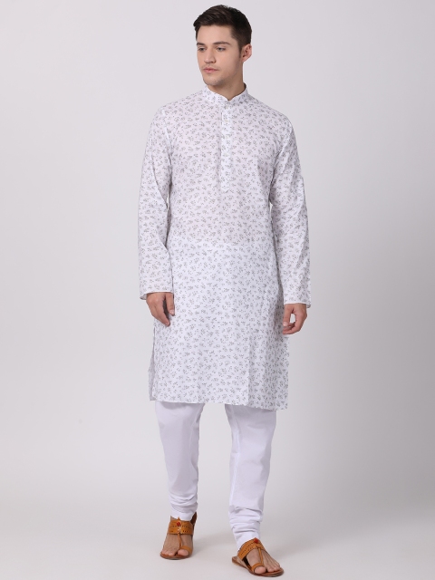 

TABARD Men White & Grey Floral Print Straight Kurta
