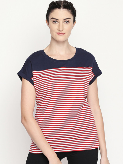 

Ajile by Pantaloons Women Navy Blue & Red Striped Pure Cotton Top