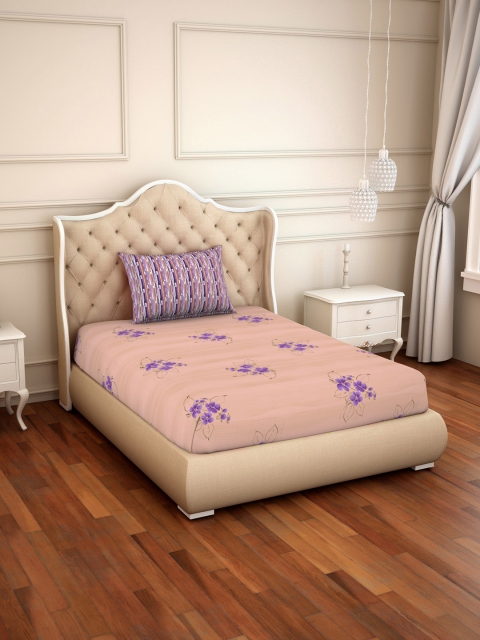 

SPACES Peach-Coloured & Purple Floral 144 TC Cotton 1 Single Bedsheet with 1 Pillow Covers