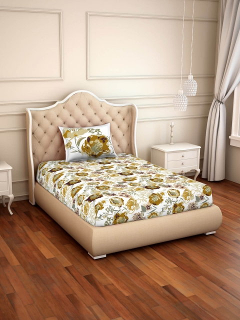 

SPACES White & Brown Floral 144 TC Cotton 1 Single Bedsheet with 1 Pillow Covers
