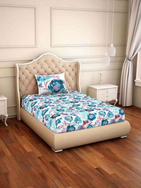 

SPACES Blue & White Floral 144 TC Cotton 1 Single Bedsheet with 1 Pillow Covers