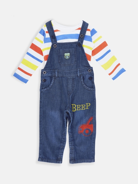 

Pantaloons Baby Boys Blue & Multicoloured Striped T-shirt with Dungrees