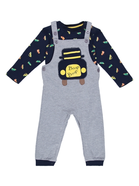 

Pantaloons Baby Boys Navy Blue & Grey Printed T-shirt with Dungrees