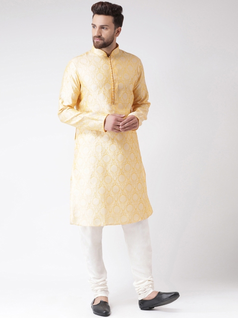 

Chitwan Mohan Men Yellow & White Self Design Kurta with Churidar