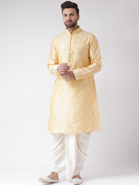 

Chitwan Mohan Men Yellow & White Self Design Kurta with Dhoti Pants