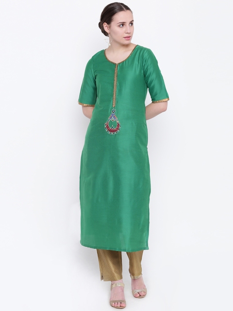 

Shakumbhari Women Green Embroidered Straight Kurta