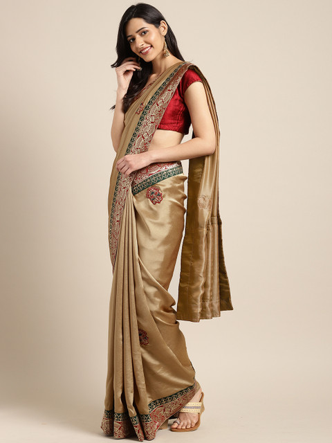 

Indian Women Beige & Gold-Toned Poly Silk Embellished Saree