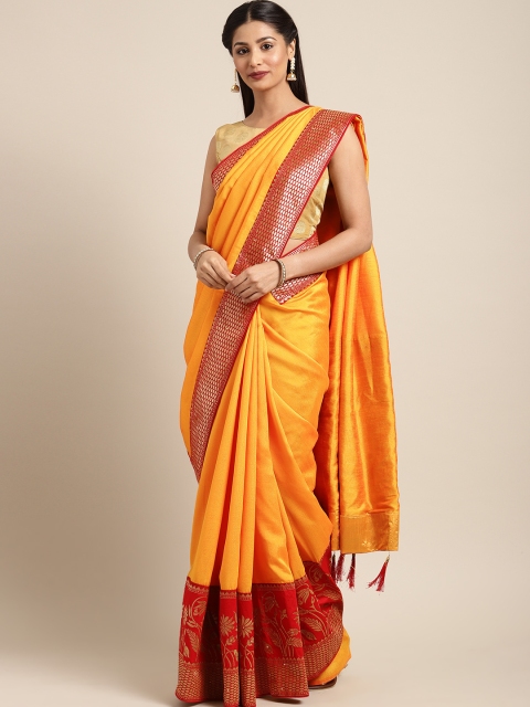 

Indian Women Red & Mustard Yellow Poly Silk Woven Design Saree