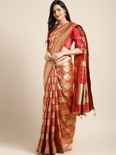

Indian Women Red & Gold-Coloured Pure Silk Embellished Banarasi Saree