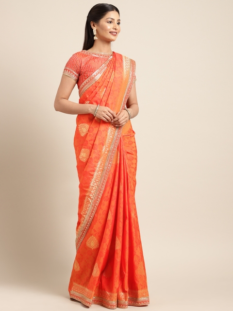 

Indian Women Orange & Gold-Toned Pure Silk Embellished Banarasi Saree