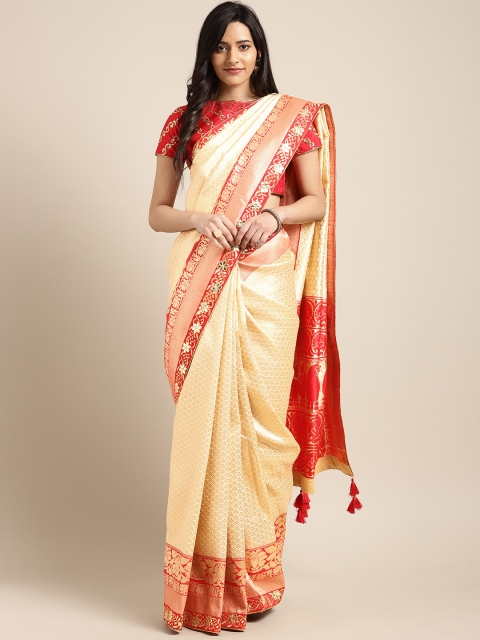 

Indian Women Cream-Coloured & Red Pure Silk Embellished Banarasi Saree