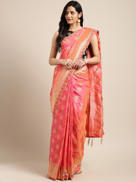 

Indian Women Peach-Coloured & Gold-Toned Pure Silk Embellished Banarasi Saree
