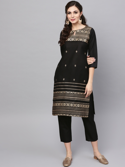 

Libas Women Black & Golden Block Print Kurta with Trousers
