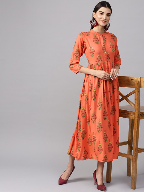 

Libas Women Orange Printed Midi A-Line Dress