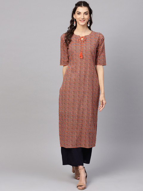 

Libas Women Orange & Navy Blue Printed Straight Kurta