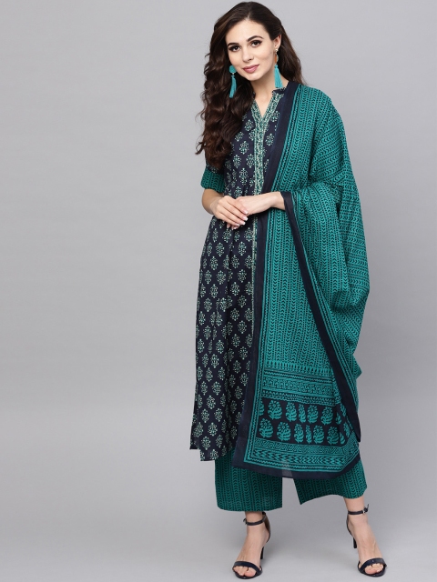 

Libas Women Navy Blue & Green Printed Kurta with Palazzos & Dupatta