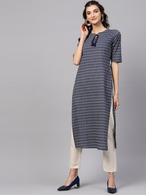 

Libas Women Navy Blue & Off-White Printed Straight Kurta