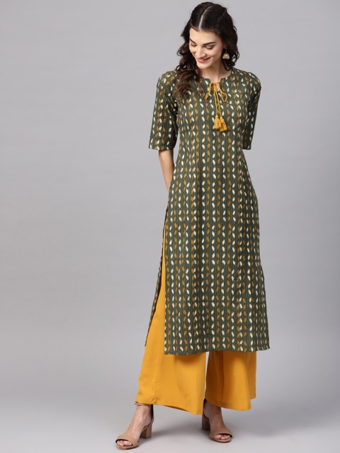 

Libas Women Olive Green & Mustard Yellow Printed Straight Kurta