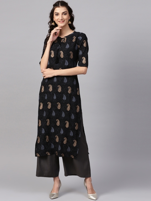 

Libas Women Black & Golden Block Print Straight Kurta