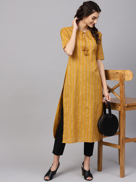 

Libas Women Mustard Yellow Striped Straight Kurta