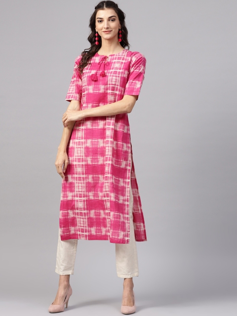 

Libas Women Pink & Off-White Checked Straight Kurta