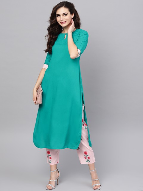 

Libas Women Green & Pink Solid Kurta with Trousers