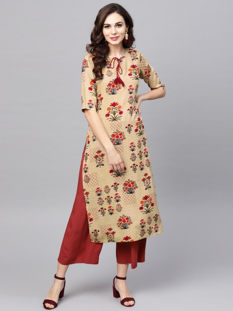 

Libas Women Beige & Red Printed Straight Kurta