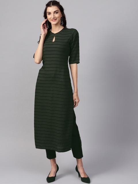 

Libas Women Olive Green & Black Striped Straight Kurta