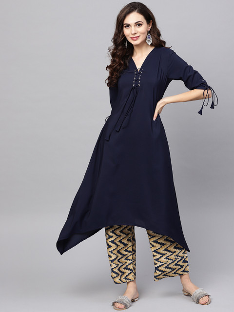 

Libas Women Navy Blue Solid Kurta with Palazzos