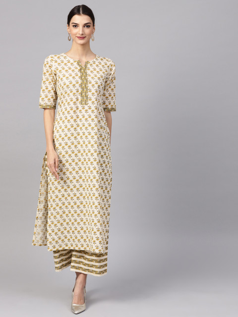 

Libas Women Cream-Coloured & Yellow Printed Kurta with Palazzos