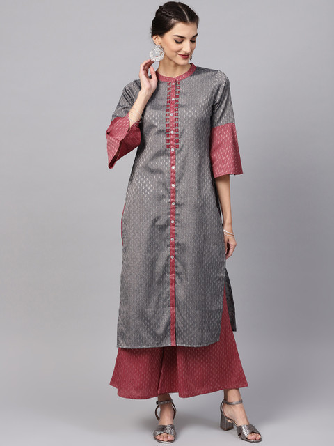 

Libas Women Grey & Maroon Self Design Kurta with Palazzos
