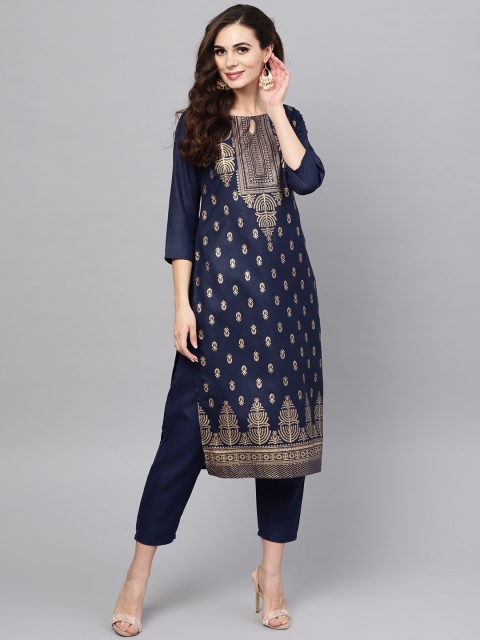 

Libas Women Navy Blue & Golden Printed Kurta with Trousers
