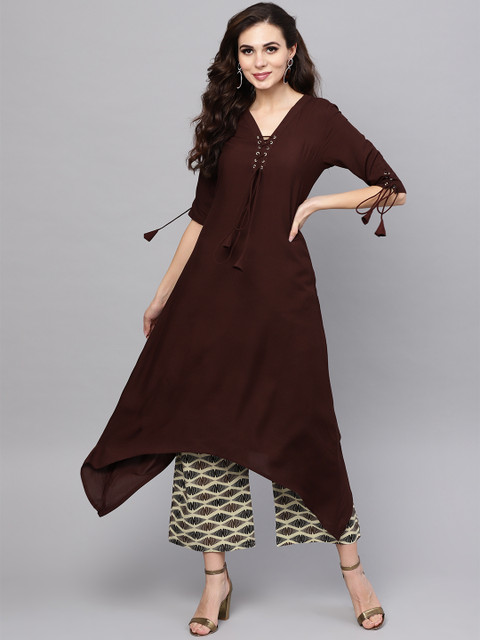 

Libas Women Brown & Cream-Coloured Solid Kurta with Palazzos