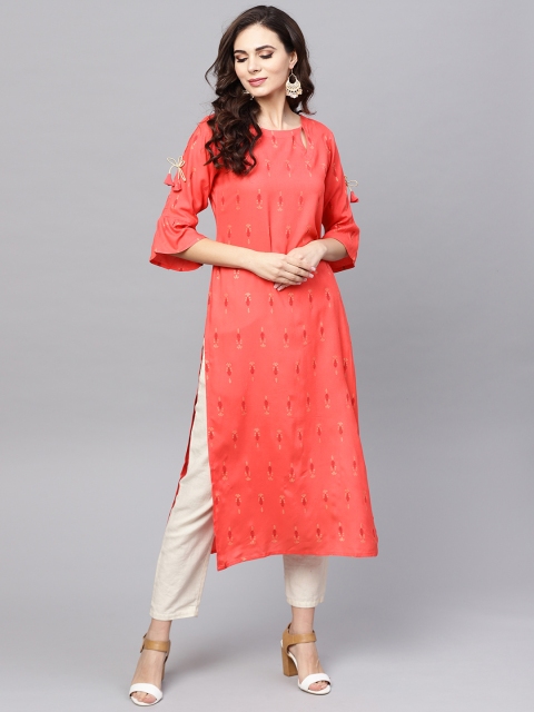 

Libas Women Coral Orange Block Print Straight Kurta