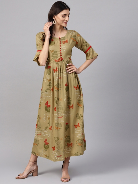 

Libas Women Khaki & Red Printed Maxi Dress