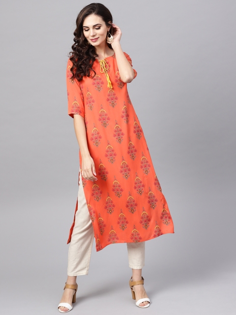 

Libas Women Orange Printed Straight Kurta