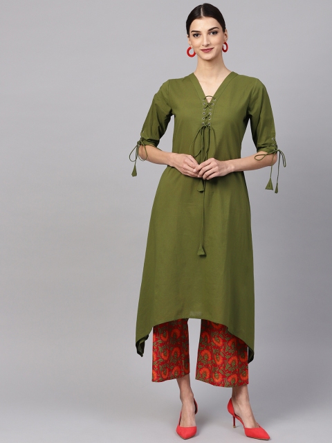 

Libas Women Olive Green & Red Solid Kurta with Palazzos